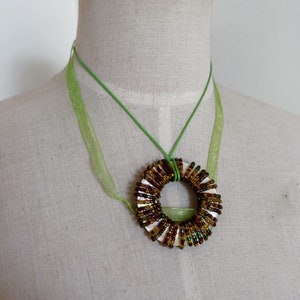 Green Beaded Disc Necklace 90s y2k Ribbon Statement Boho Lime Green