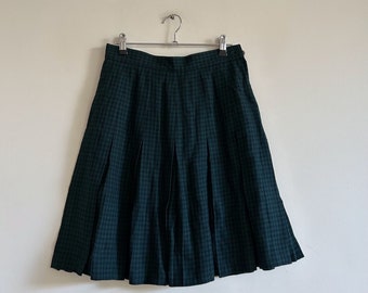 Vintage Green Plaid Skirt Pleated 90s Kilt Skirt Houndstooth