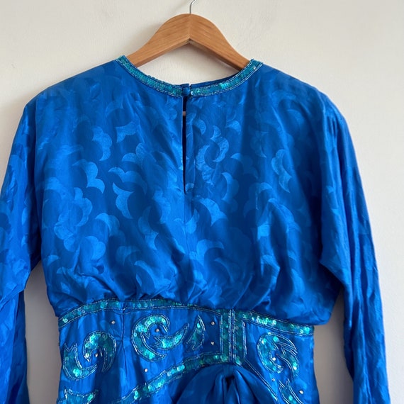 Vintage Blue Silk Dress 80s 90s Cobalt Blue Sequi… - image 4