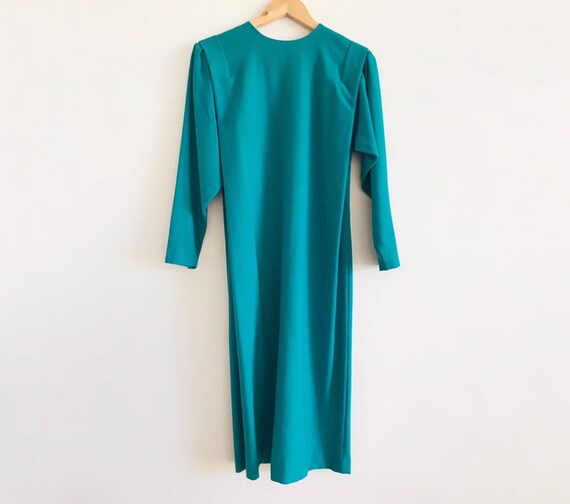 Robe Midi Vintage Années 70 – Bleu Sarcelle, Ceinturée, Manches Longues, Col, Taille 14