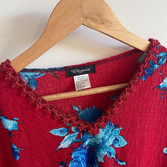 vintage red blue floral top shirt long sleeve 90s… - image 7