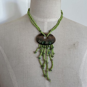 Green Beaded Disc Necklace 90s y2k Ribbon Statement Boho Lime Green
