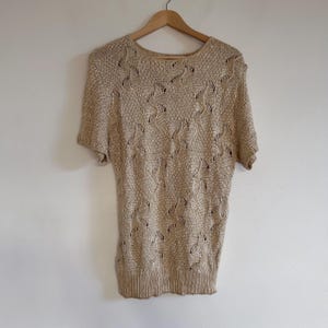 Vintage Beige Tan Cream Knit Crochet Vest Top Boho Jumper Sweater 80s 90s