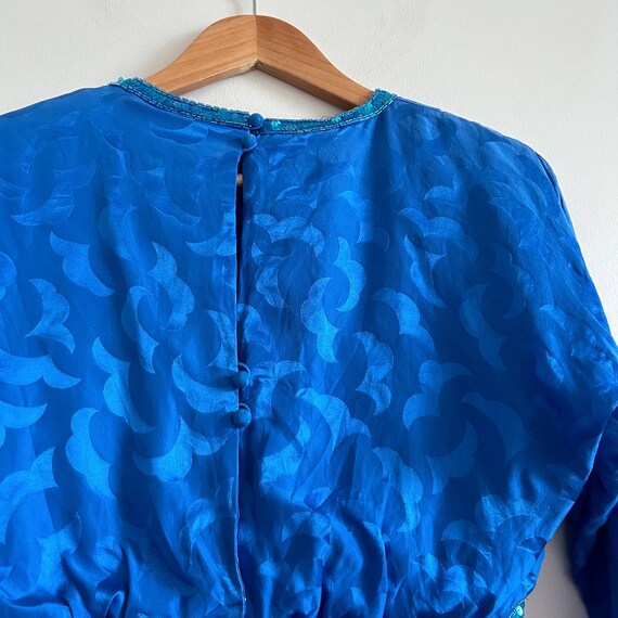 Vintage Blue Silk Dress 80s 90s Cobalt Blue Sequi… - image 10