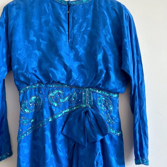 Vintage Blue Silk Dress 80s 90s Cobalt Blue Sequi… - image 8