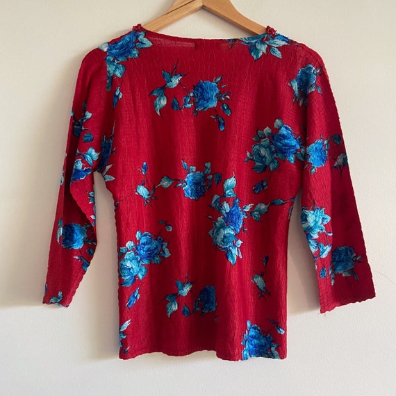vintage red blue floral top shirt long sleeve 90s… - image 4