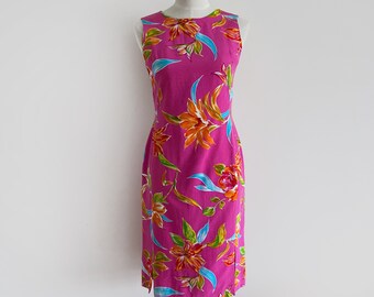 Vintage roze midi-jurk met bloemen uit de jaren 80: kokerjurk van tropisch katoenrayon