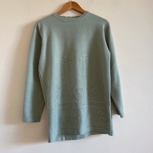 Vintage Sage Green Jumper Floral Knit Cableknit Sweter z dzianiny Cottagecore z lat 90.