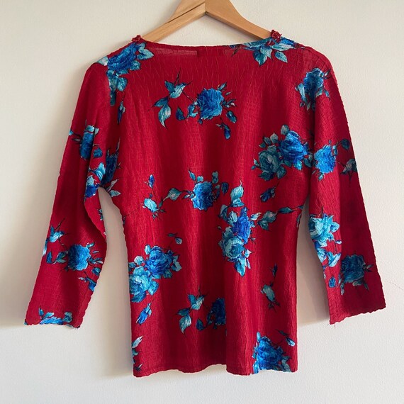 vintage red blue floral top shirt long sleeve 90s… - image 6