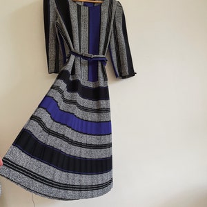 Vintage 80s 90s Purple Blue Grey Black Midi Dress Long Sleeve Pleated