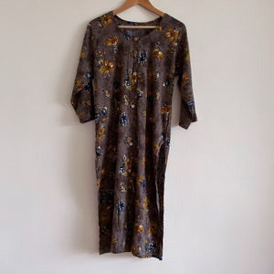 Retro Brown Floral Kaftan Midi Dress Lagenlook Boho Vintage 90s