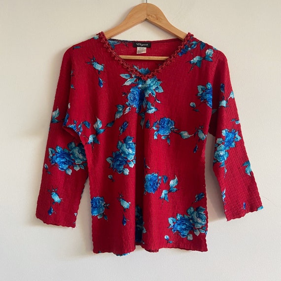 vintage red blue floral top shirt long sleeve 90s… - image 1