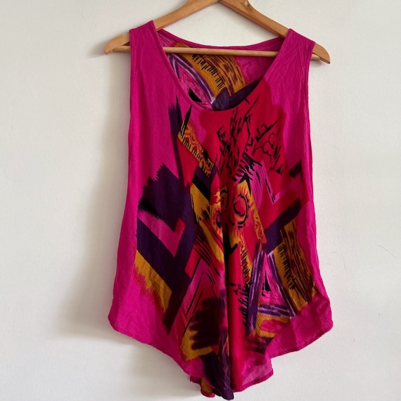 Vintage Bright Pink Tank Top Crinkle Fabric Bold … - image 1