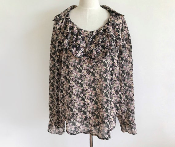 vintage 80s 90s gloral shirt sheer ruffle collar l