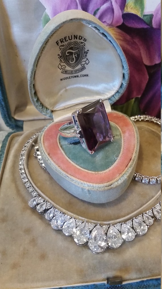 Huge Vintage Sterling Amethyst Glass Cocktail Ring