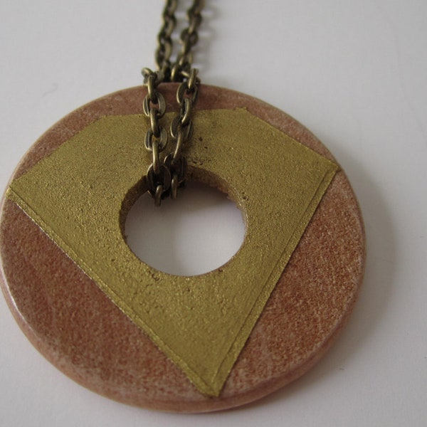Handpainted Wooden Circle Necklace -- Geometric inspired handpainted wooden circle strung on an antique brass chain, fun and feminine