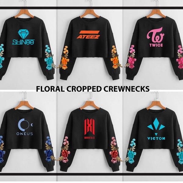 Floral Sleeve Cropped Crewneck Embroidery Kpop New Jeans Monsta X Ateez Stray Kids Itzy Loona Astro Shinee BigBang Dreamcatcher The Rose Wei