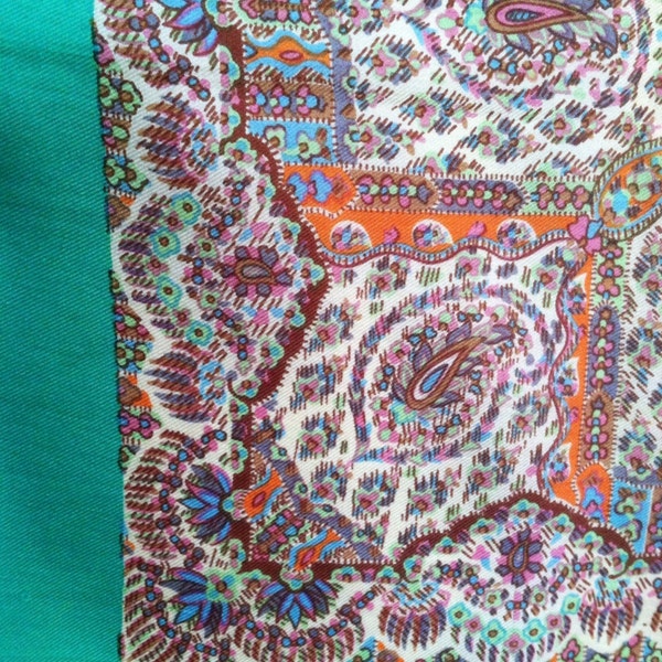 Vintage 1960s Liberty of London impressionist multicolor paisley and Art Deco print silk scarf with green border