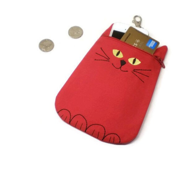 Cat shaped phone purse, zippered phone wallet, red cat pouch, zippered pouch, cat gadget case, cat lover gift, zippered cat coin purse