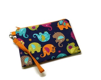 Adorable elephants fabric zipper phone wallet wristlet purse. Navy and orange! Elephant lover gift. Under 30 gift.