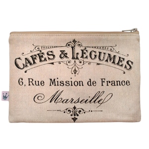 Sacchetto con cerniera «Cafés & Légumes», insegna francese, insegna vintage, trousse per il trucco