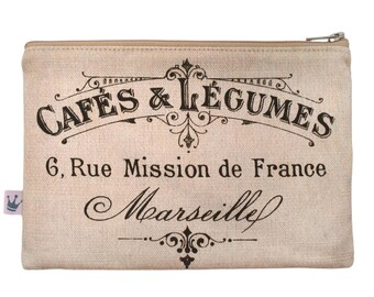 Zipper Pouch «Cafés & Légumes», French Sign, Vintage Sign, Make up bag