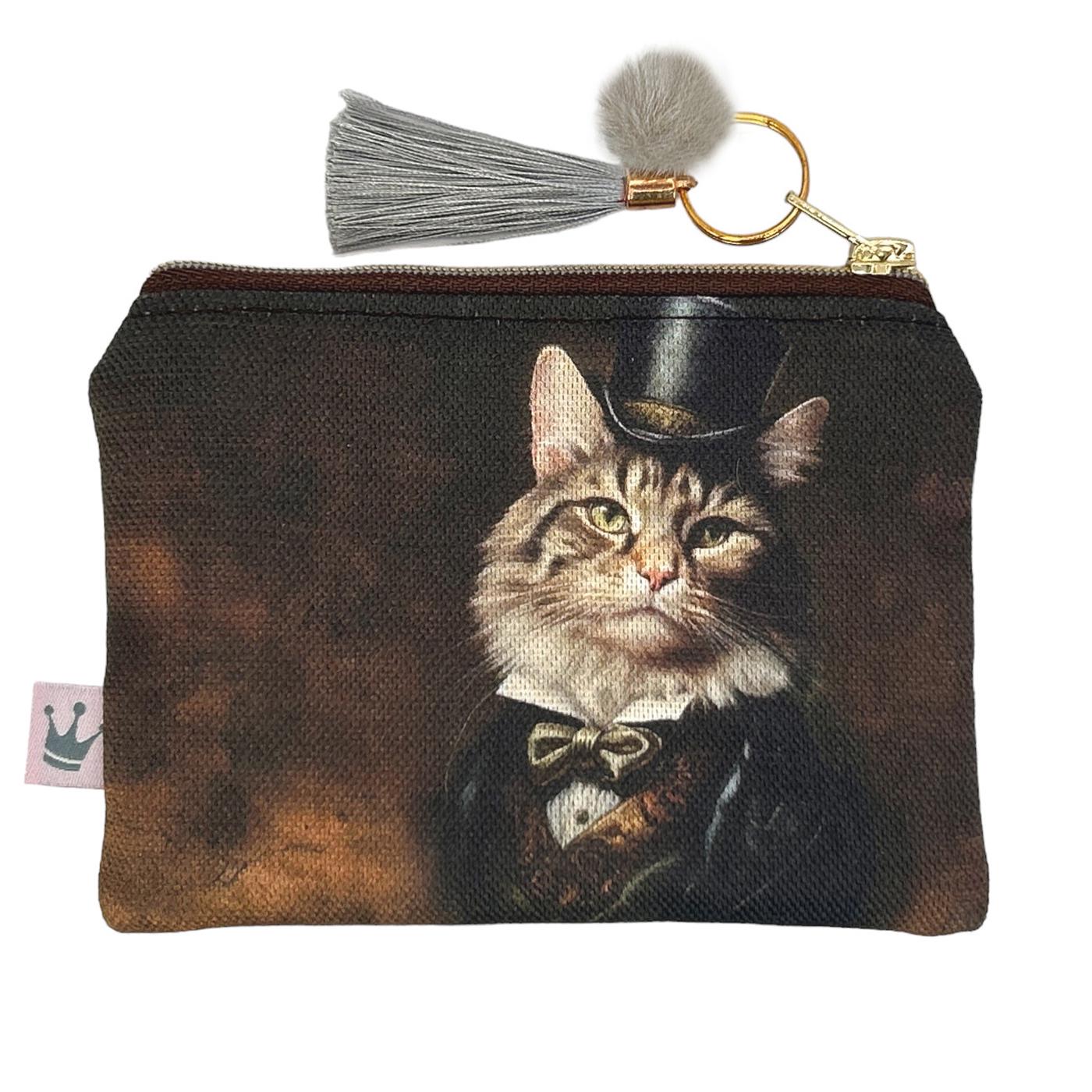 Mini Zipper Pouch «Victorian Tomcat», Cosmetic Pouch, Coin Purse, Victorian Pouch, Tomcat with Hat, Victorian Art, Cat Portrait, Boho Cat