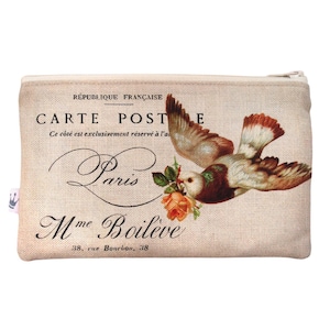 Zipper Pouch «Paris», Vintage Postcard, French Postcard, Dove with Rose, Carte Postale, Make up bag, Mme Boilève, Roses