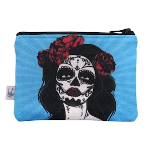 Mini Täschchen «Tag der Toten» blau, Miniportemonnaie, Portemonnaie, Totenkopf, La Catrina, Blumentotenkopf, Dia de Muertos, mexikanisch
