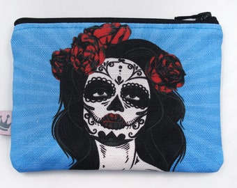 Mini Zipper Pouch «Day of the Dead» blue, Día de los Muertos, Skull, Coin Purse, Portemonnaie, Zipper Pouch, Purse, Cosmetic bag, La Catrina