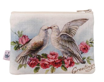 Mini Zipper Pouch «Dove», Coin purse, Victorian Postcard, Roses and Pigeons, Wedding purse, Victorian Art, Make up purse