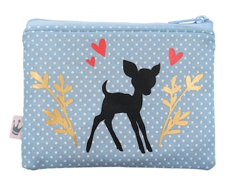 Kosmetiktasche, Kosmetiktäschchen, Reissverschlusstasche, Bambi, Gold, Geldbeutel, Makeup Tasche, Schminktäschchen, Portemonnaie, Reh, Herz