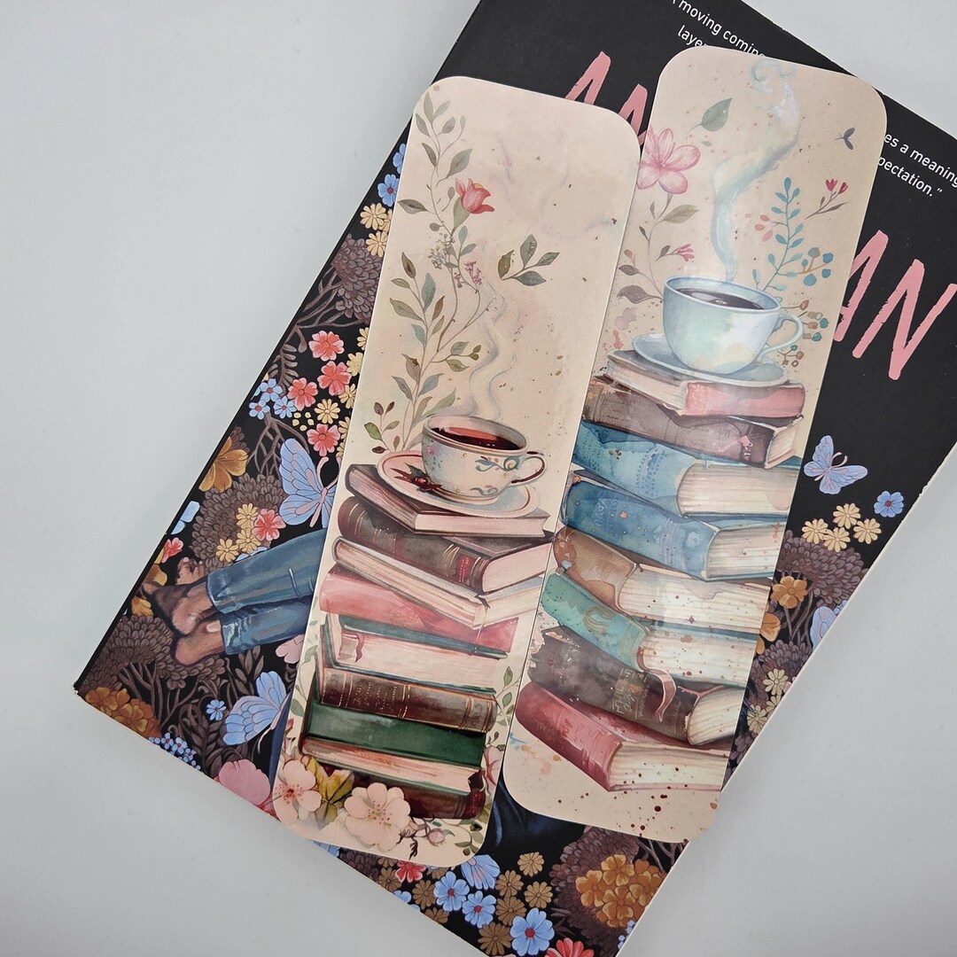 Set of 2 Bookmarks - Stack of Books With Tea Cup and Flowers -laminated ...