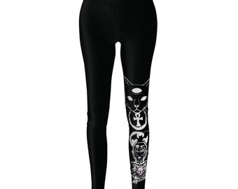 Women's Casual Leggings Goth,Cats,Bats,Coffin,Skulls,Skeleton,Vampire,White on Black,3rd Eye,Ankh,Crescent Symbols,Moon,Demon, 1 Leg Graphic