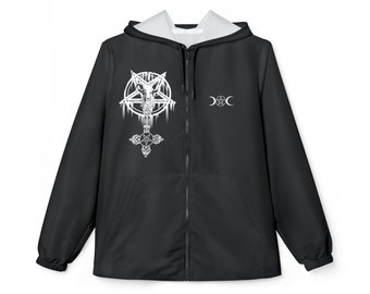 Windbreaker Jacket, Black Metal, Satanic, Goth, Inverted Crucifix, Pentagram, Skulls, Baphomet, white on Black, Original, Dirge Designs,