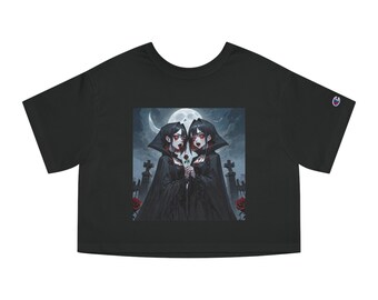 Champion Women's Heritage Cropped T-shirt Goth Vamp Girls Couple Red Rose Red Eyes Cemetery Blood Moonlight Black Print Tee Gothic Fashion