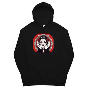 Unisex kangaroo pocket Hoodie Cute Vampire Goth Geisha Girl Print Red Tears White Skin Asian Portrait Red Roses Wicked Cool Original Design