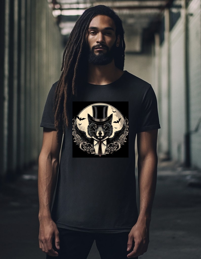 Unisex Softstyle T-shirt,Wolf Portrait,Suit,Tie,Hat,PrintedTee,Original Design,Wolf,Bats,Moonlight,Goth,Dark,Warewolf,Unisex,Bat Wings, image 9