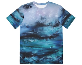 Men's Polyester Tee (AOP) T-shirt Printed With Original Abstract Painting, All Over Print, Beautiful Stormy Blue Abstract Seascape Colour