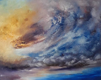 And The Wind Did Howl Oil Painting Horizontal Stretched Canvas Stormy Atmospheric Abstract Landscape Australian Art 40x50cm Yellow Ochre