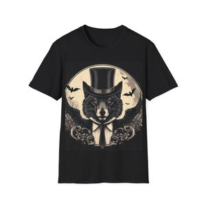 Unisex Softstyle T-shirt,Wolf Portrait,Suit,Tie,Hat,PrintedTee,Original Design,Wolf,Bats,Moonlight,Goth,Dark,Warewolf,Unisex,Bat Wings, image 1