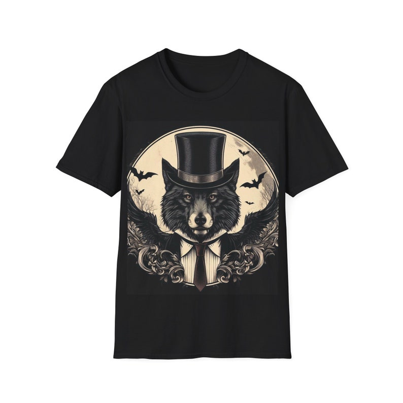 Unisex Softstyle T-shirt,Wolf Portrait,Suit,Tie,Hat,PrintedTee,Original Design,Wolf,Bats,Moonlight,Goth,Dark,Warewolf,Unisex,Bat Wings, image 1