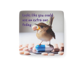 Porcelain Magnet, Square Spoonies Fridge Magnet Tiny Bird Delivers Meds Tablets Pills Tweet Sweet Relief Chronic Invisible Illness Pain