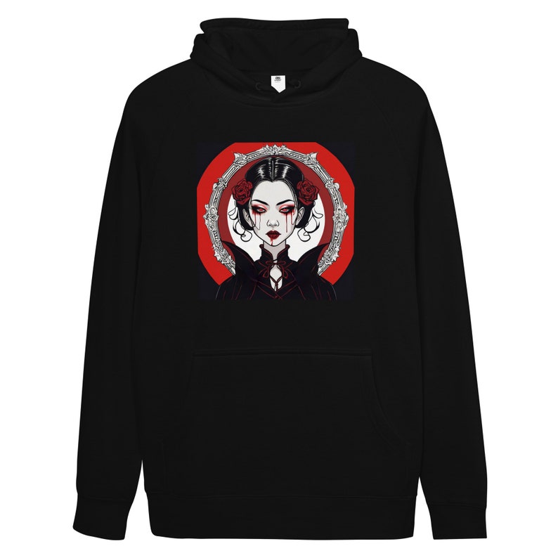 Unisex kangaroo pocket Hoodie Cute Vampire Goth Geisha Girl Print Red Tears White Skin Asian Portrait Red Roses Wicked Cool Original Design