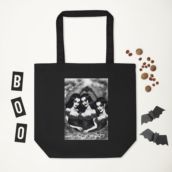 Australian Black Eco Tote Bag Grab And Go Printed Both Sides 3 Alluring Vampires Portrait B and W Original Design Spooky Dark Art Eco Tote