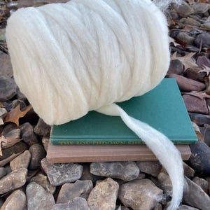 May include: A white roll of wool yarn on top of two books. The top book is green and says "The Southdown Sheep".