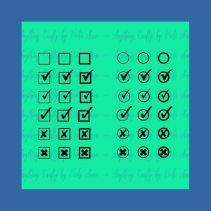 May include: A set of 30 black and white checkmark and cross mark icons. The icons are in a square and circle shape. The icons are arranged in rows of three.