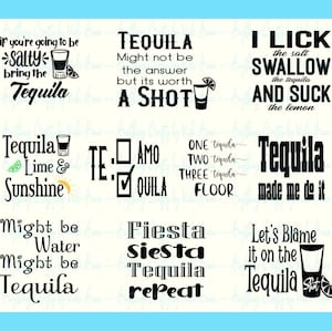 Puede incluir: Un conjunto de 10 diseños imprimibles en blanco y negro con frases sobre el tema del tequila. Los diseños incluyen frases como "Tequila made me do it", "Might be water, might be tequila", y "I lick the salt, swallow the tequila, and suck the lemon".