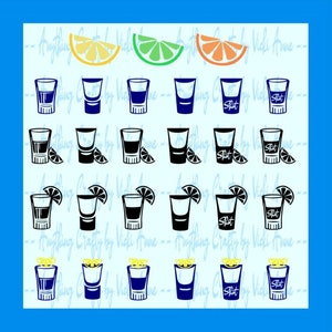 May include: A digital design sheet with 24 images of shot glasses with lemon wedges and the word "Shot" printed on some of the glasses. The images are arranged in a grid pattern.