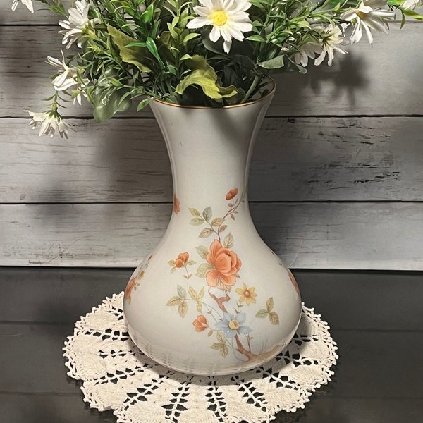 White Glass Vase with Hand-painted Flowers, Gold Rimmed Vase, Bouquet Holder, Home Decor